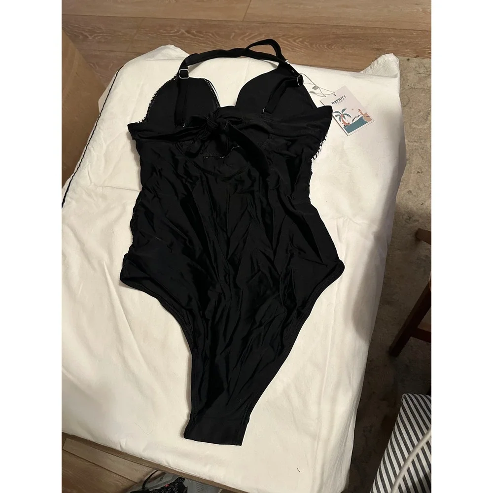 B2PRITY Womens One‎ Piece Swimsuit Black White Striped Tummy Control Size Medium